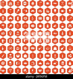 100 restaurant icons hexagon orange Stock Vector