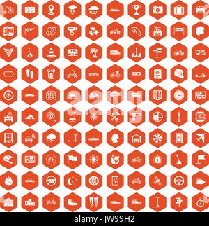 100 ride icons set in orange hexagon isolated vector illustration Stock Vector