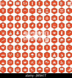 100 sailing vessel icons hexagon orange Stock Vector