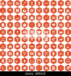 100 sales icons hexagon orange Stock Vector