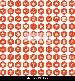 100 sandwich icons hexagon orange Stock Vector