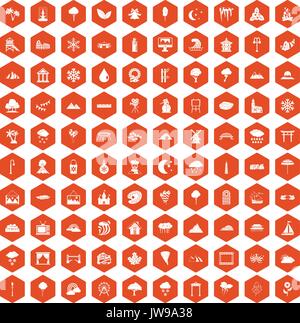 100 scenery icons hexagon orange Stock Vector