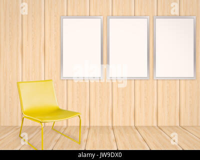 three blank frames in living room with wooden wall Stock Photo