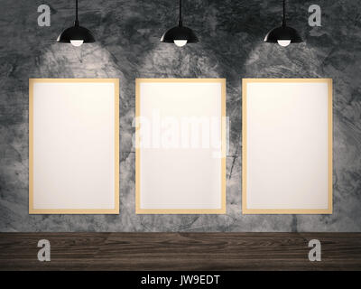 three blank frames hanging on cement wall Stock Photo