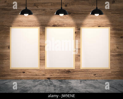 three blank frames hanging with wooden wall Stock Photo
