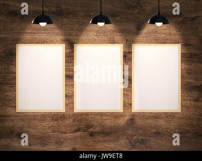 three blank frames hanging with wooden wall Stock Photo