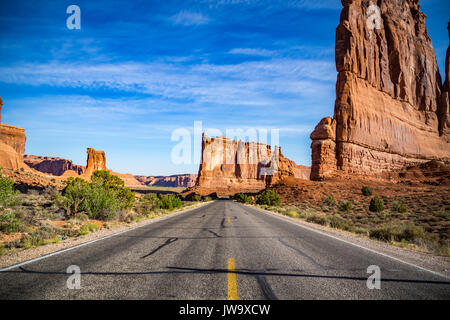 Located outside of Moab, Utah is Arches National Park consisting of 18 miles of scenic drives through the high desert. Stock Photo