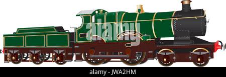 A detailed illustration of a Vintage Green Passenger Steam Tender Locomotive with brass and copper fittings isolated on white Stock Vector
