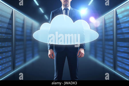 businessman in suit with virtual cloud hologram Stock Photo