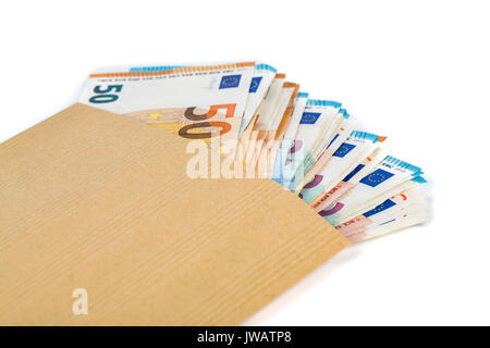 Brown envelope full of euro banknotes bills onwhite background. Concept of corruption and bribery Stock Photo