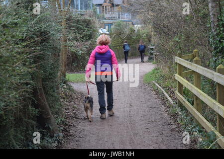 Female walking dog on a nature trail Stock Photo