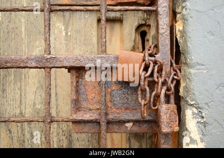 Close up of rusty padlocks and chain on rusted security gate, closing off old wooden door with key hole and showing part of wall painted light grey. Stock Photo