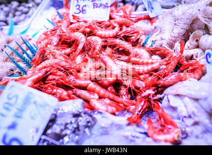 Fresh seafood in a food market of Barcelona Stock Photo