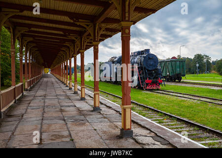 Platform of old vintage railway station in Haapsalu, Estonia Stock Photo