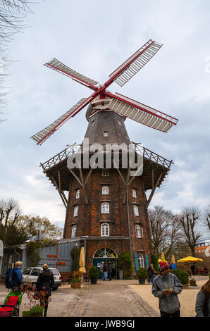 BREMEN, GERMANY - 16 APR 2016: The cafe near old brick windmill. Stock Photo