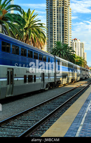 Amtrak's 'Surfliner' Train and tracks, Santa Fe Train Depot (aka Union Station), San Diego, California USA Stock Photo