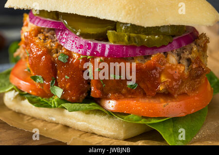 Homemade Savory Meatloaf Sandwich with Lettuce and Tomato Stock Photo