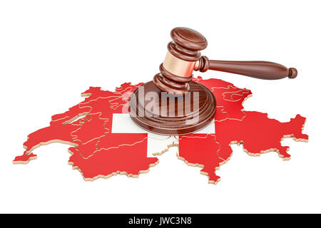 Wooden Gavel on map of Switzerland, 3D rendering isolated on white background Stock Photo
