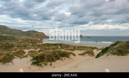 Beach with sand dunes, Sandfly Bay, Dunedin, Otago, Otago Peninsula, South Island, New Zealand Stock Photo