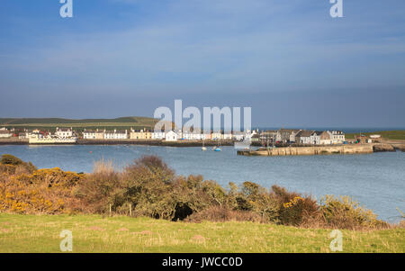 The view across Isle of Whithorn Bay to the small coastal village of Isle of Whithorn in Dumfries and Galloway, Southern Scotland. Stock Photo