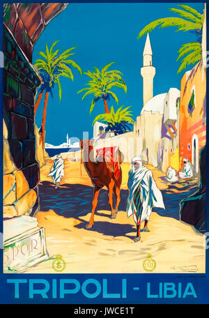 'Tripoli – Libya' 1936 Tourism Poster featuring natives and a camel passing under an arch near the Dragut Mosque. Artwork by G. Ferrari for Ferrovie dello Stato (FS -Italian State Railways) and ENIT (Agenzia nazionale del turismo - Italian Tourist Board). Stock Photo