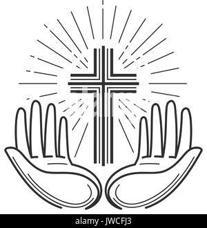 Church, religion logo. Bible, crucifixion, cross, prayer icon or symbol. Linear design, vector illustration Stock Vector