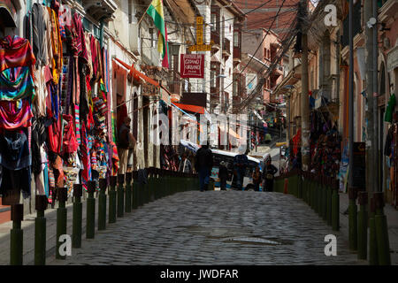 Shops selling Bolivian handicrafts along Linares, Witches Market, La Paz, Bolivia, South America Stock Photo