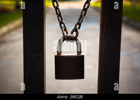 The lock hangs on the gate at the entrance to the closed territory. Stock Photo