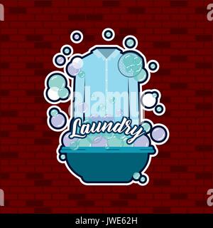 brick wall background of shirt male cloth in basin with soap laundry text Stock Vector