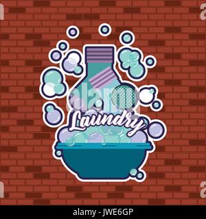 brick wall orange background of socks cloth in basin with soap laundry text Stock Vector