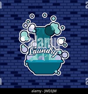 brick wall blue background of jeans cloth in basin with soap laundry text Stock Vector