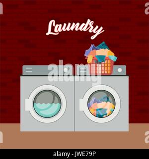 brick wall background of set wash machine laundry an pile dirty clothes in plastic basin Stock Vector