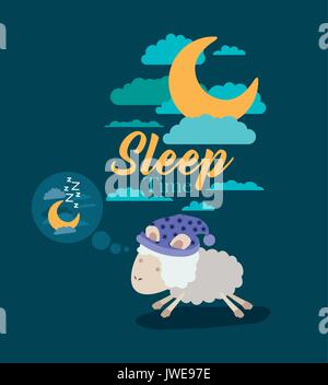 color poster scene sky landscape of sleep time with sheeps thinking in the night Stock Vector