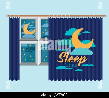 color background of bedroom window with curtain and night landscape sleep time Stock Vector