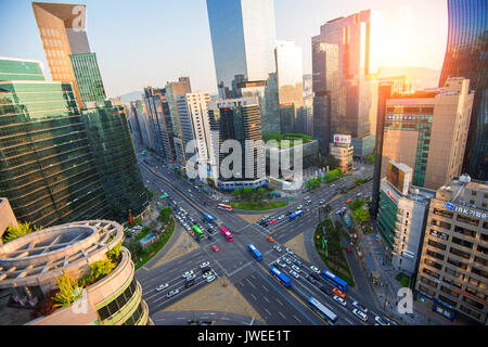 SEOUL, SOUTH KOREA  -  MAY 10 : Traffic speeds through an intersection in Gangnam.Gangnam is an affluent district of Seoul. Photo taken on may 10,2015 Stock Photo