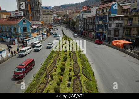Landscaped median strip on Avenida Perez Velasco, La Paz, Bolivia, South America Stock Photo