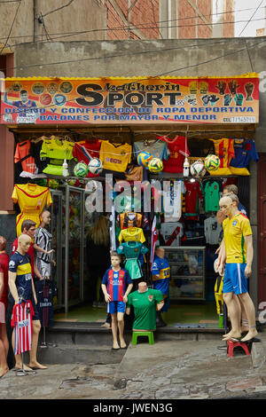 Football shop, Witches Market, La Paz, Bolivia, South America Stock Photo