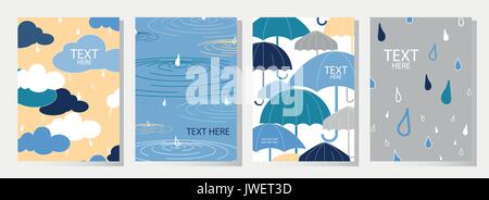 Set of 4 happy rainy day covers design. Cute poster template in pastel tone. Vector illustration. Stock Vector
