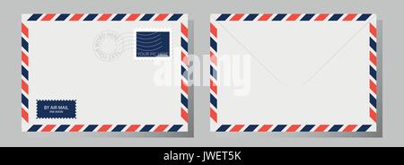 Front and back of classic envelope with stamp, postmark and airmail sign. Vector illustration. Stock Vector