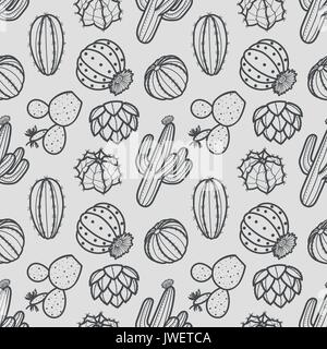 Dark gray outline of cactus and succulents on gray background. Hand drawn style. Seamless pattern vector illustration. Stock Vector