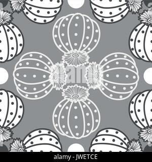 Light&dark gray outline succulents on gray background. Roundabout pattern hand drawn style. Seamless pattern vector illustration. Stock Vector