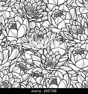 Random lotus flower in black outline on white background. Seamless pattern vector illustration. Stock Vector