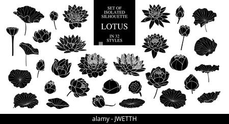 Set of isolated silhouette lotus in 32 styles. Hand drawn style. Vector illustration. Stock Vector