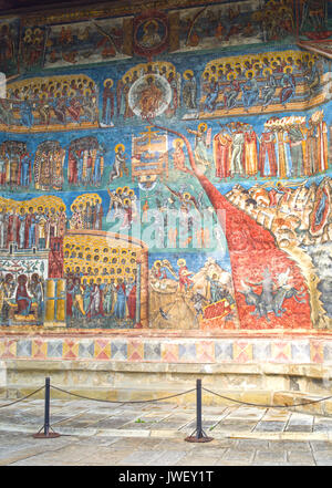 Judgement scene, mural fresco on exterior walls of Voronet Monastery Church. Stock Photo