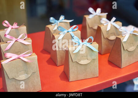 Cardboard boxes with bows for gifts Stock Photo