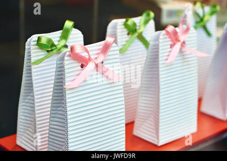 Cardboard boxes with bows for gifts Stock Photo