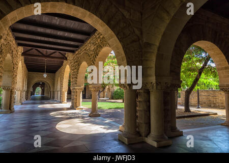 the architectural structures of the hallway at Stanford University campus in Palo Alto, California, USA Stock Photo