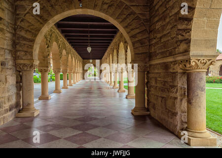 the architectural structures of the hallway at Stanford University campus in Palo Alto, California, USA Stock Photo