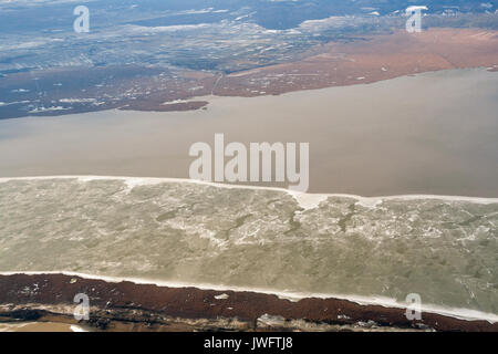 Neusiedl lake winter aerial view on the border between Austria and Hungary. View from airplane close to Vienna.