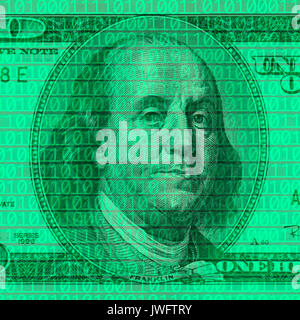 close up shot of dollar bill on binary code background Stock Photo